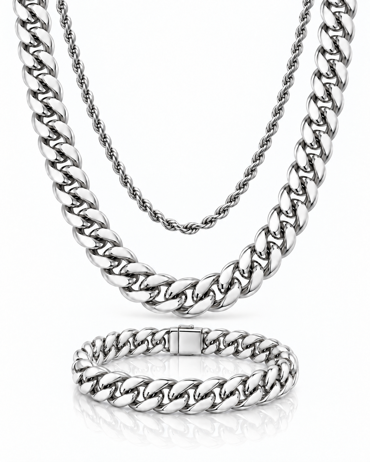 Set Completo Cuban plata Vesko – cadena Cuban, cadena rope y pulsera