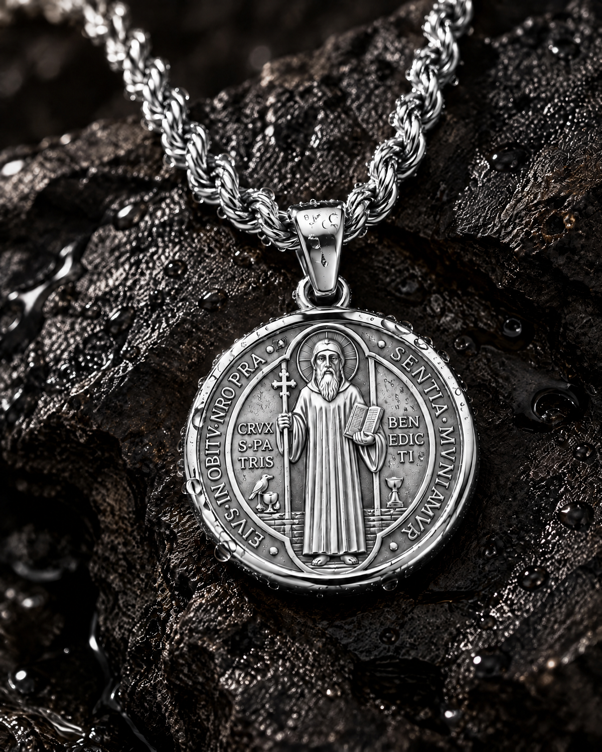 Detalle Medalla San Benito plata – Vesko